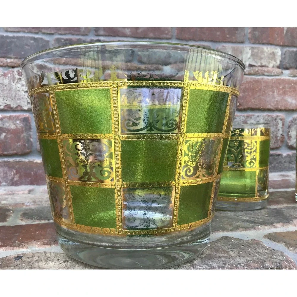 Vtg 60s Culver Prado Green & Gold 22 k Lowball Glasses (4) and Ice Bucket Set